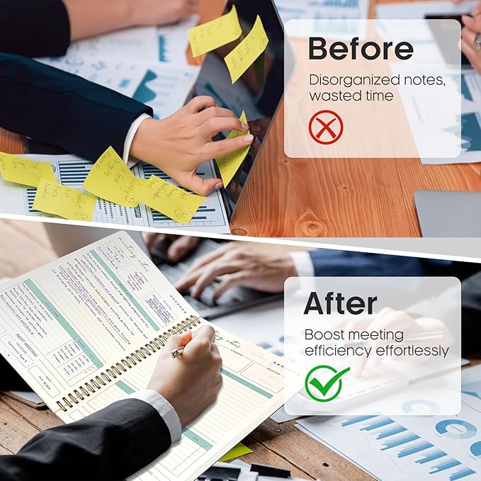 6 Pack of Meeting Notebook for Work Organization - Work notebook with action items, Meeting Minutes Planner Notebook, Perfect Office Supplies for Men & Women - Black