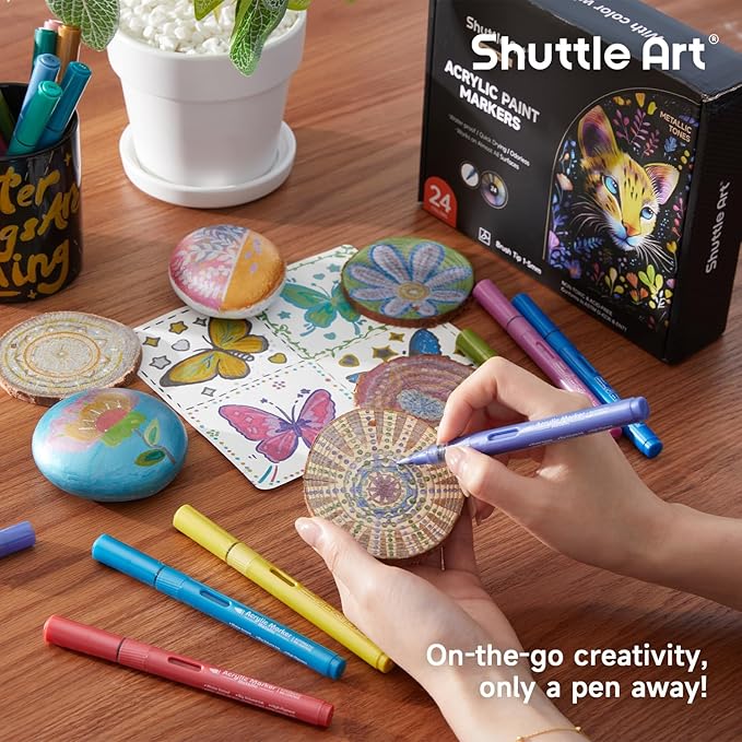 Automatic Ink Control Acrylic Paint Markers, Shuttle Art 24 Metallic Colors Brush Tip Acrylic Paint Pens for Rock Painting, Ceramic, Wood, Canvas, Glass, Stone, Fabric, Card Making, DIY & Art Supplies