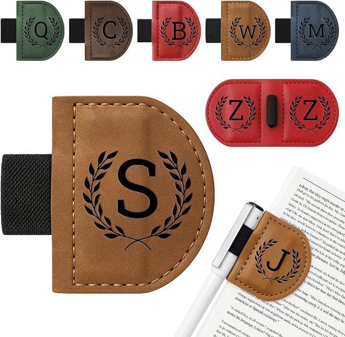 Personalized Bygone Mark Bookmark with Pen Holder,Engraving Leather Magnetic Bookmarks Vintage 26 Letters Name Initials Text Book Marker Clips Gifts for Reading Book Lovers Women (Brown, S)