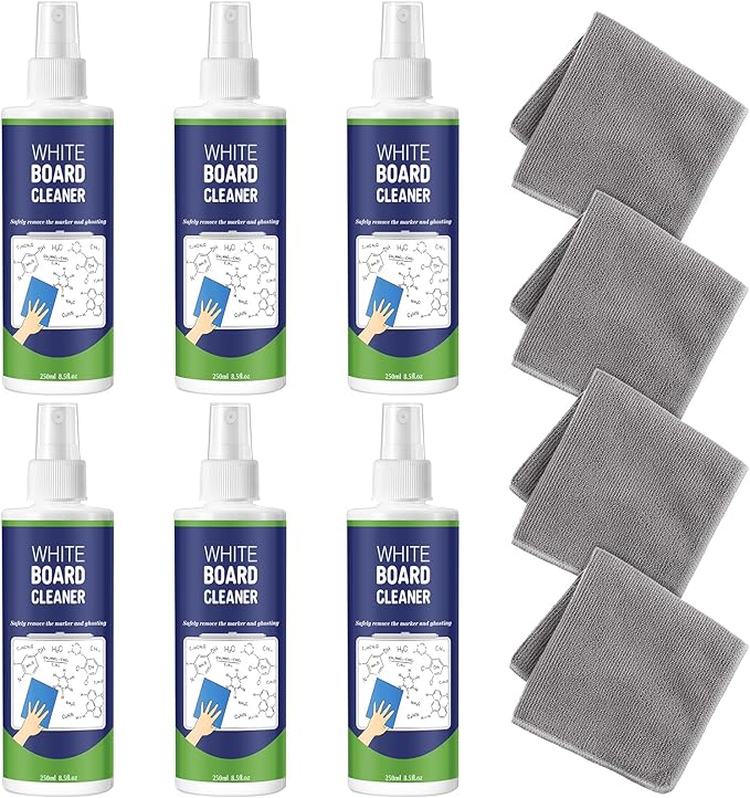 6 Pack Whiteboard Cleaner Spray 8.5oz - Dry Erase Board Cleaner with 4 Cloths - Non Toxic - Removes Stubborn Marks