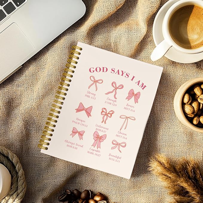 Coquette Pink Bows Spiral Bible Notebook, Christian Gifts for Women Girls, God Says I Am Christian Scripture Prayer Journal, Church Notes Notebook, Hardcover Notebooks College Ruled 5.5 x 8.3