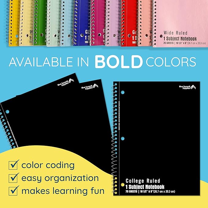 Blue Summit Black Spiral Notebooks Bulk, One Subject Spiral Notebook College Ruled, Perforated Notebook, 8 x 10.5 for Work and School, Paper, College Ruled, Bulk 48 Pack