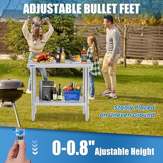 Stainless Steel Table for Prep & Work with Undershelf 30 x 36 Inches NSF Metal Commercial Kitchen Adjustable Under Shelf Worktable for Restaurant Home Outdoor