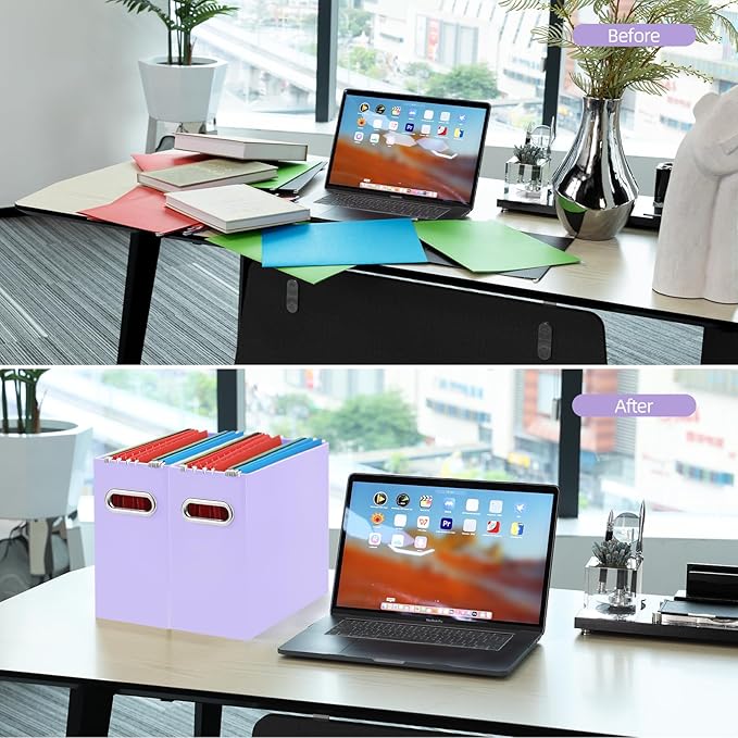 Oterri File Organizer, Small Storage Box, Cardboard File Folder Organizer, Collapsible File Box, Hanging File Organizer for Letter Size, Portable File Box with Handle, Only Box (Purple, 2 Packs)