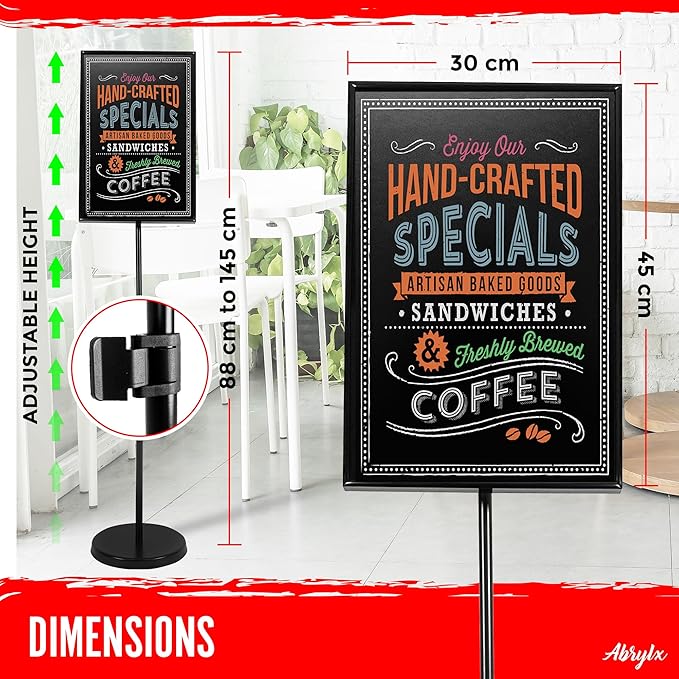 ABRYLX Magnetic Chalkboard Sign with Adjustable Aluminum Pedestal Stand - 30x45cm Black Chalk Board for Weddings, Restaurants, and Events Stand with 6 Liquid Chalk Markers Included