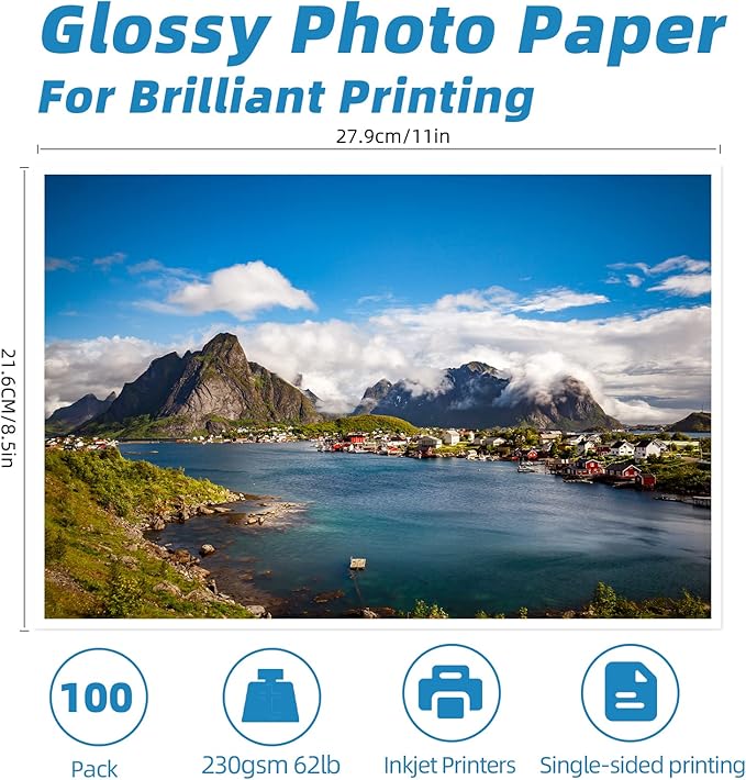 Uinkit 100 Sheets Thick Inkjet Glossy Photo Paper Picture 8.5x11 62lb 230g 11.1mil Cardstock Postcard Brochure For Dye Ink Inkjet Printer