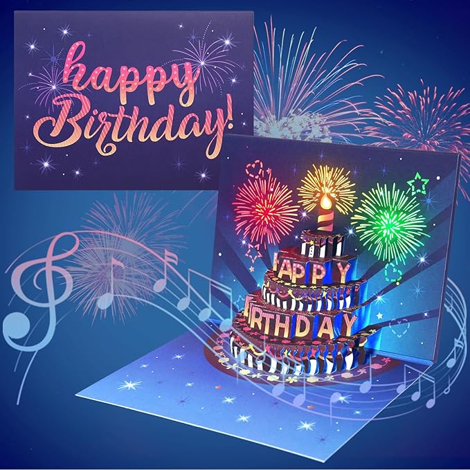 INPHER Birthday Cards Fireworks Pop Up Cake Light and Music Happy Birthday Gifts Decorations for Women, Men, Mom, Grandma