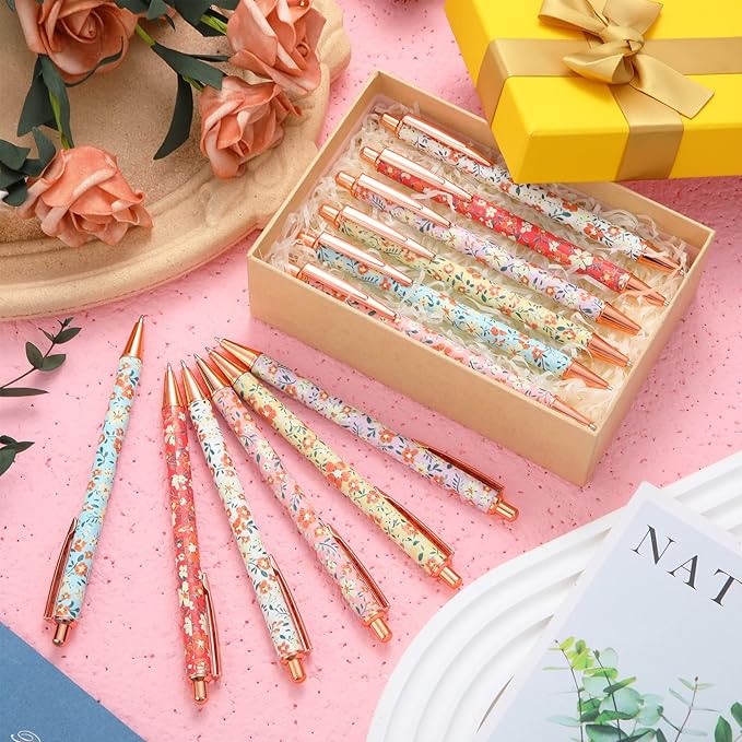 Glenmal 24 Pcs Flower Pens for Women Floral Ballpoints Pretty Fancy Pens Retro Floral Cute Ballpoints Black Ink Metal Retractable Writing Journaling Gifts for Office Supplies