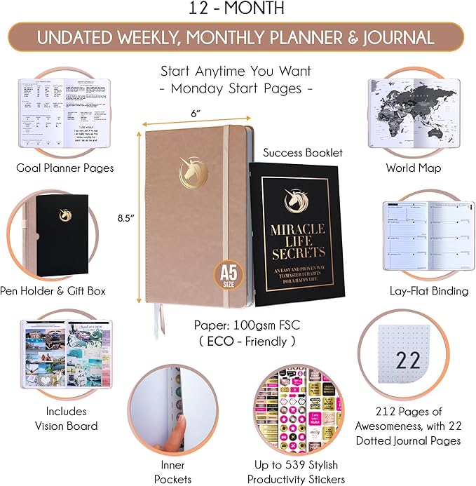 Life Planner - Undated Daily, Weekly & Monthly Planner with Budget Section | A 12 Month Journey to Increase Productivity & Happiness | Life Organizer & Gratitude Journal - Horizontal Format