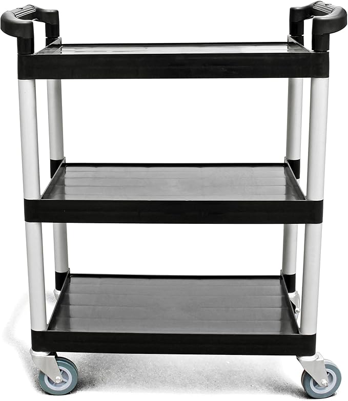 New Star Foodservice 54538 250-Pound Plastic 3-Tier Utility Bus Cart with Locking Casters, 32" x 16" x 38", Black