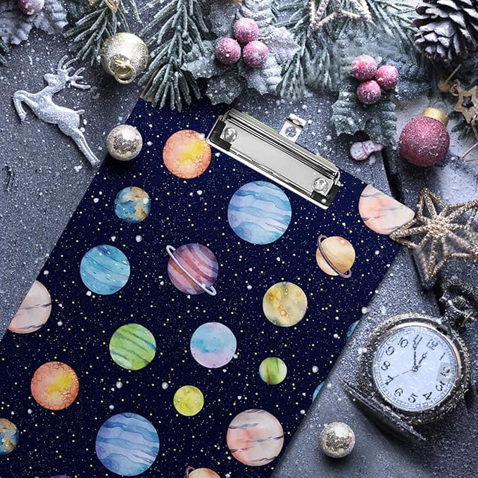 WAVEYU Cute Hardboard Clipboard for Kids Boys, Clipboard with Low Profile Clip for Students Classroom School and Office Use 12.5"x 9", Planet Pattern