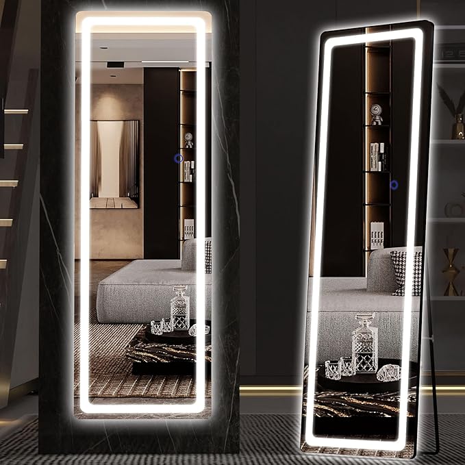 Hasipu Full Length Mirror with Lights, 56" x 16" LED Floor & Wall Mounted, Full Body Dressing Mirror for Bedroom, Living Room, Cloakroom – Round Black