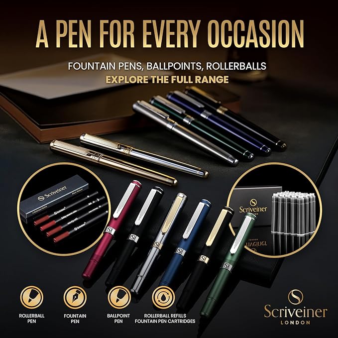 Scriveiner Silver Chrome Rollerball Pen - Stunning Luxury Pen, Real Gold Plating, Schmidt Ink Refill, Best Roller Ball Pen Gift Set for Men & Women, Professional, Executive Office, Fancy Pens