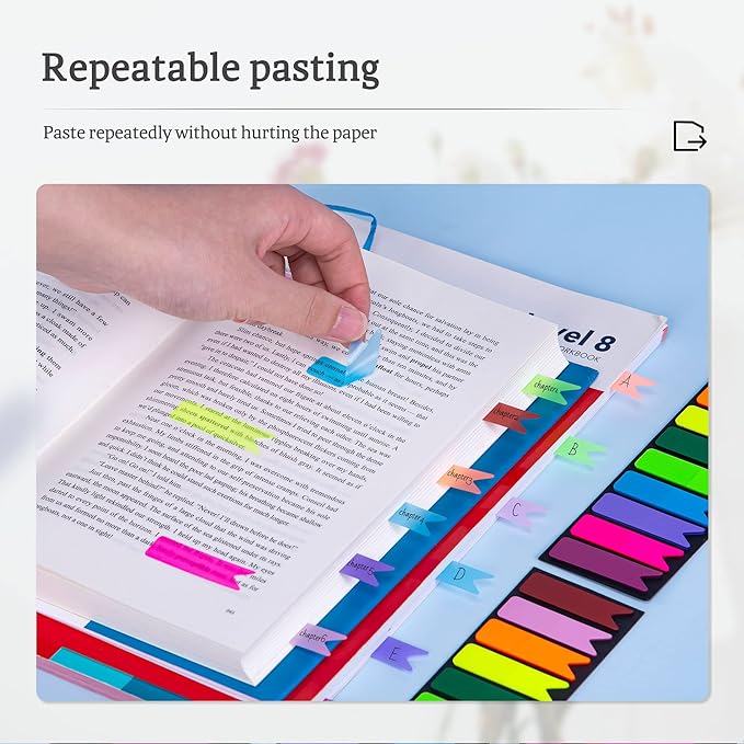 Golcellia 1200 Pieces Sticky Tabs Index Tabs, Book Tabs Flags Sticky Note Colored Writable and Repositionable Book Markers, (10 Colors, 6 Sets) Book Annotation Tabs Supplies