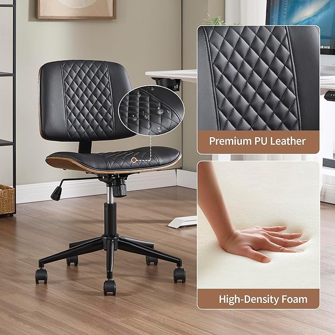 Small Home Office Chair - Armless Mid Back Desk Chair with 360° Swivel and Wheels, PU Upholstered Height Adjustable Modern Walnut Computer Chair for Home, Office Meeting Room - Black