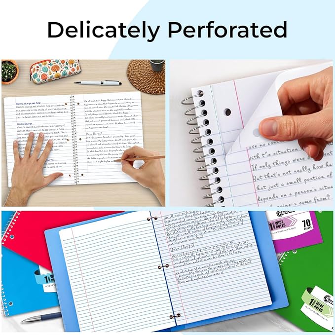 Spiral Notebooks, 24 Pack, 1 Subject Notebook, Wide Ruled, 70 Sheets, 8 x 10-1/2", 3 Hole Punched, Bulk Single Subject Spiral Notebook Bulk, School Supplies, Assorted Colors Pack of Notebooks