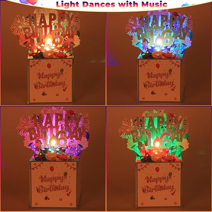 Tnvee 16TH Birthday Cards with Lights & Music & Candle, 3D Pop Up Singing Happy Birthday Greeting Cards Gfits for 16 Years Old Girl Boy Daughter Son