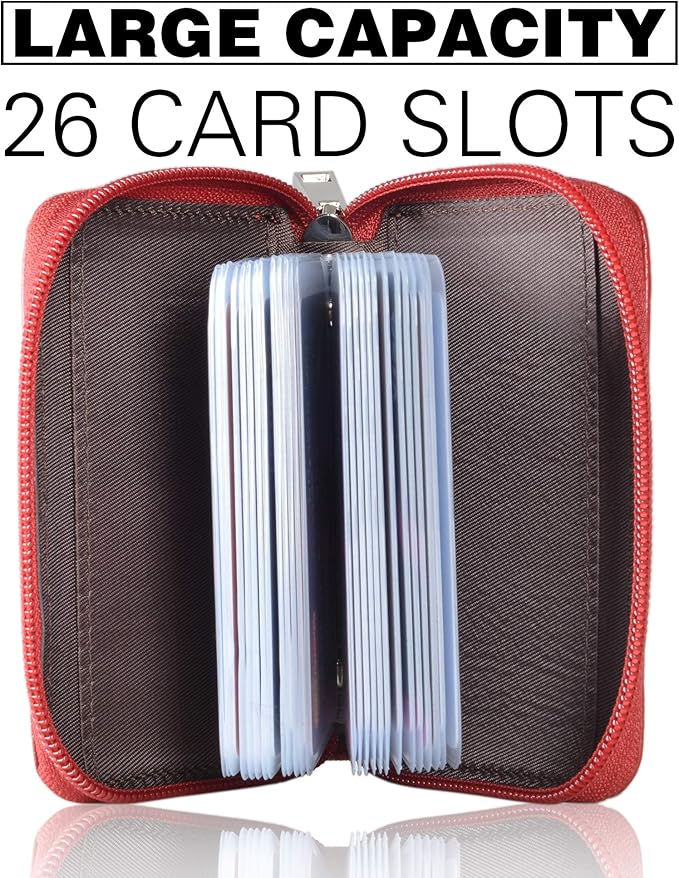Easyoulife Genuine Leather Credit Card Holder Zipper Wallet With 26 Card Slots