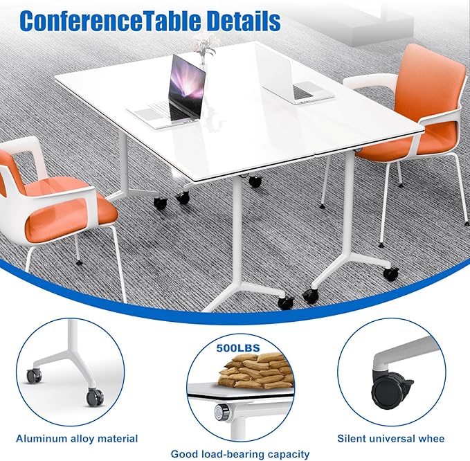 Conference Table, Folding Conference Desk Modern White, Seminar Table with Wheels, 2-10 People for Office, Meeting Break Room (4, 1915, 47IN)