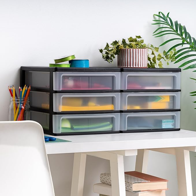 IRIS USA Plastic Stacking Desk Top 3-Drawer Storage Organizer, 2-Pack, for Makeup Vanity Nail Polish Bathroom Stationery Art Craft Supplies Kitchen Office Garage and Small Organization, Medium, Black
