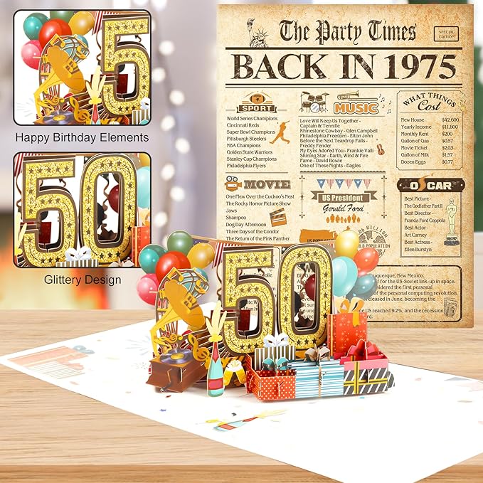 50th Birthday Card for Men Women, 3D Pop Up 50th Birthday Gifts Cards for Him Her, Back In 1975 Funny 50 Year Old Birthday Decorations, Classy Vintage