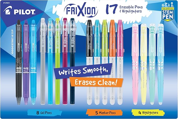 Pilot, FriXion Assorted Erasable Gel Ink Pens, Marker Pens & Highlighters, Pack of 17, Assorted Colors