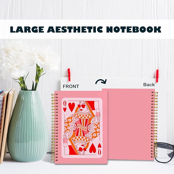 BearCake Funny Pink Queen of Hearts Notebook Journal, Preppy Notebook, Pink Aesthetic Notebooks, Pink Office Supplies, Hardcover Spiral Notebook 5.5x8.3, Pink Desk Accessories for Women Office