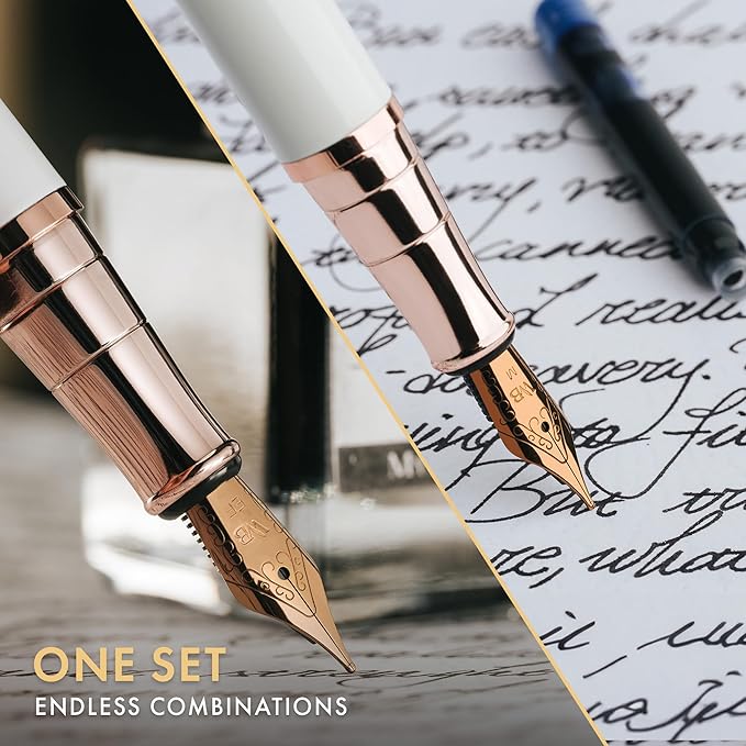 Wordsworth & Black Fountain Pen Set,18K Gilded Medium & Extra Fine Nib,25ML Black Ink Bottle,6 Ink Cartridges,Refill Converter,Gift Box,Smooth Writing Pen [White Rose Gold],Gift Set for Men and Women