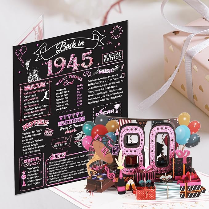 80th Birthday Card for Women, Jumbo 3D Pop Up 80th Birthday Gifts for Mom Grandma, Back In 1945 Happy 80 Year Old Sister Birthday Decorations Cards Card for Her, Rose Gold
