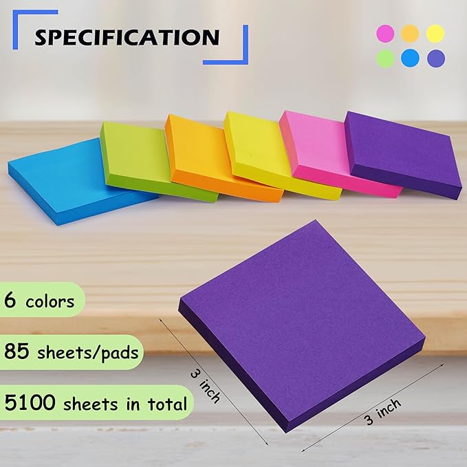 Sticky Notes Bulk, Woswel Sticky Notes 3 x 3 in, 60 Pads, 85 Sheets/Pad, 6 Bright Colors Sticky Notes, Self-Stick Notes, Easy to Post for Home Office School