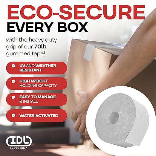IDL Packaging 3" x 375 feet Reinforced Water-Activated Kraft Gummed Tape 70lb Thickness (Pack of 4) - Secure Paper Packing Tape for Secure Carton Sealing - Heavy-Duty for All Conditions, White
