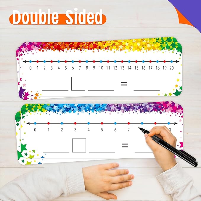 26 PCS Number Line Dry Erase Boards, Writable and Erasable Double Sided Board-0-10 on One Side & 0-20 on Other Side Math White Board for Kids, Students, Classroom and Home (12” x 4”, Colorful Stars)