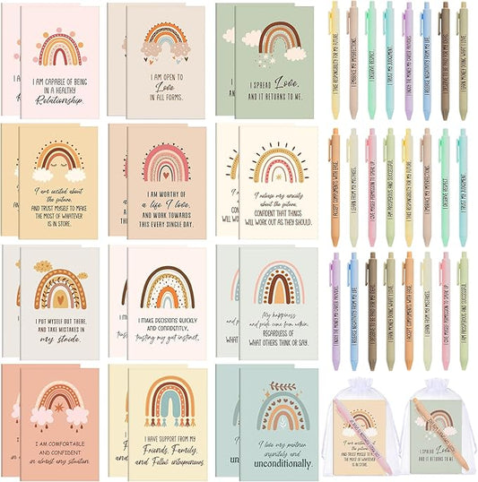 24 Set/48 Pcs Positive Affirmation Gift Set Gratitude Notebooks with Pens Small Bags Motivational Encouragement Notepads Daily Affirmations Journal for Women Stress Relief Self Care (Cute)