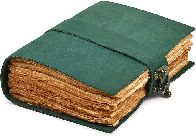 LEATHER VILLAGE Leather Bound Vintage Journal for Women & Men - Book of Shadows - Lock Closure - 200 Pages of Antique Deckle Edges Handmade Paper - Turquoise Color - 13 X 8 (A4) inches