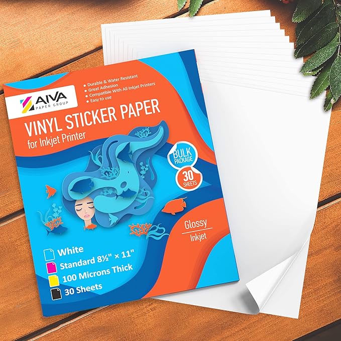 Printable Vinyl Sticker Paper - Waterproof Decal Paper for Inkjet Printer - 30 Self-Adhesive Sheets - Glossy White - Standard Letter Size 8.5"x11"