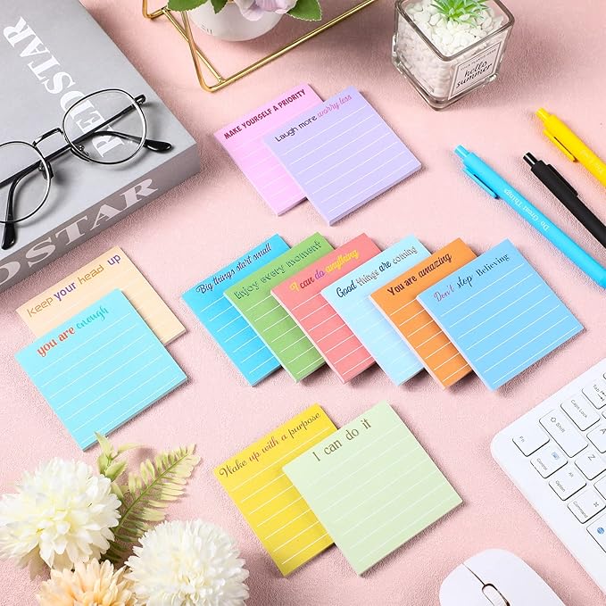 Yinder 24 Pcs Inspirational Sticky Notes with Lines Cute Motivational Sticky Notes Pad Employee Appreciation Gifts Bulk for Teacher Nurse Coworkers Office Supplies 3 x 3''(Light Color,Inspirational)