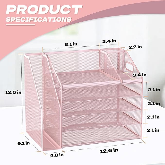 DocNest 5 Tier Paper Letter Tray File Organizer, Mesh Desk File with Handle, Workspace Desk Organizers with Pen Holder, Office Organization Storage Accessories - Pink