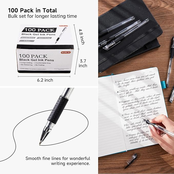 Shuttle Art Black Gel Pens, 100 Pack Fine Point Black Ink Pens Bulk, 0.5mm Rollerball Gel Ink Pens Smooth Writing with Comfortable Grip for Office, School and Home