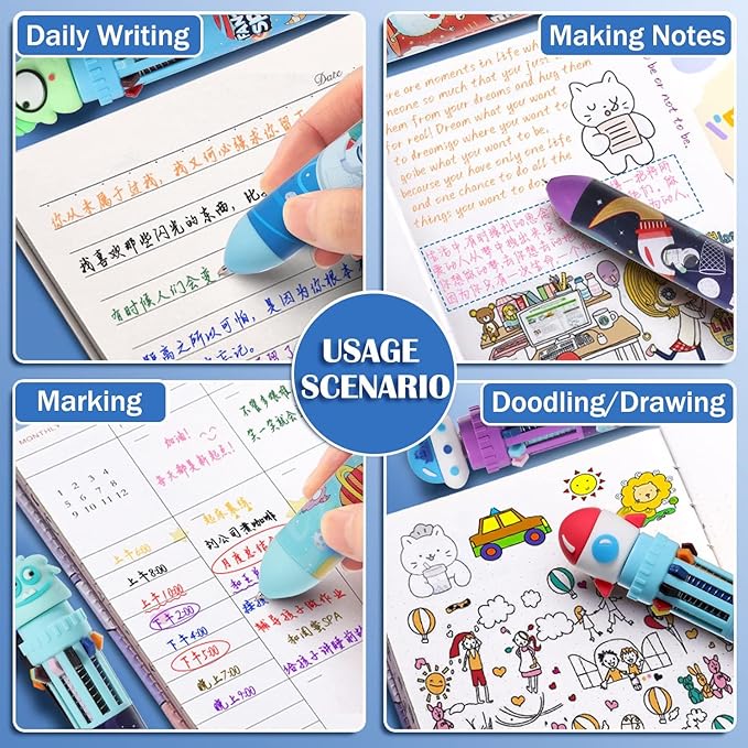 Multicolor Ballpoint Pen 0.7 mm, 10-in-1 Colored Pens Fine Point Retractable Cartoon Space Ballpoint Pens for Office School Students Kids Christmas Gift, 6 Pack