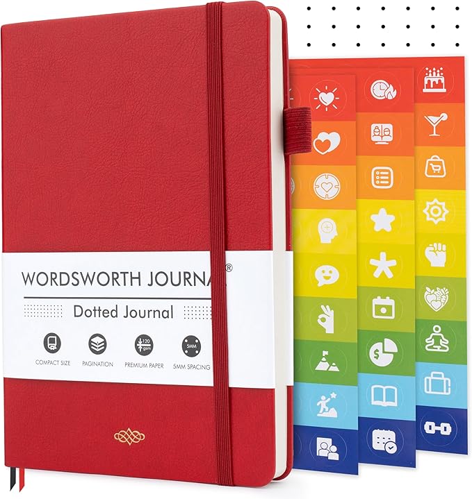 Wordsworth & Black A5 Bullet Dotted Journal 216 Dotted Pages, Hardcover Grid Dot Leather, 120 GSM Paper, Journaling Notebook for Work & Sketching, Journals for Women, Men - Gifts Box Included Red