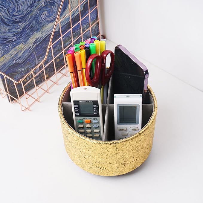 lizimandu Round Leather Art Supply Organizer,Remote Control Holder,360 Degree Spinning,Multi-Functional Pencil Holder,4 Compartments Desktop Stationary Organizer(1-Carved Gold)