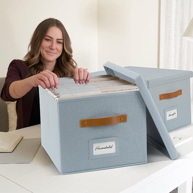 ZICOTO Decorative File Organizer Box Set of 2 - Collapsible Linen Filing Cabinets w/Handles Are Perfect to Store all Your Documents & Hanging File Folders - Portable Easy Slide Crates with Lid