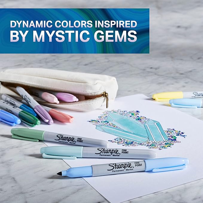 Sharpie Permanent Markers, Fine Point, Featuring Mystic Gem Color Markers, Assorted, 24 Count