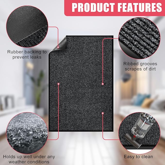 Kuyal Front Door Mat, 2'x4' Indoor Outdoor Entrance Mat, Commercial Floor Mats Inside Outside Entrance, Heavy Duty Durable Welcome, Rubber Backing Non Slip Outdoor Mats for Entryway,Black