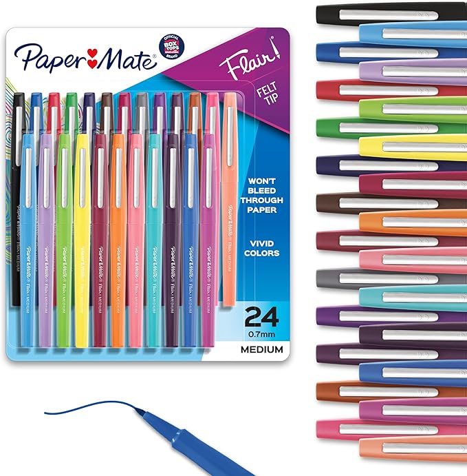Paper Mate Felt Tip Pens, Flair Marker Pens, Medium Point, Assorted, 24 Count - Home, Office, Back to School, Teacher Supplies