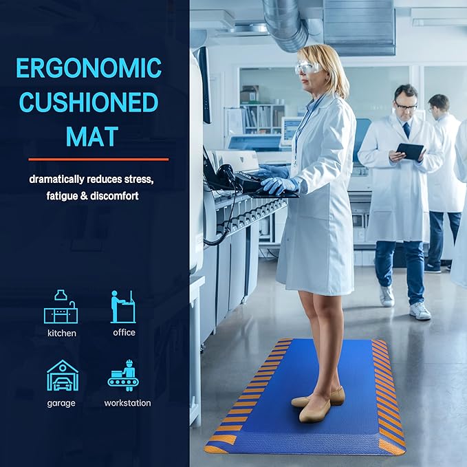 FEATOL Anti Fatigue Mat Industrial, Ergonomic Standing Floor Mat for Work for Stand, Blue with Yellow Border Safety 17" x 24"-Support for Leg & Back Pain