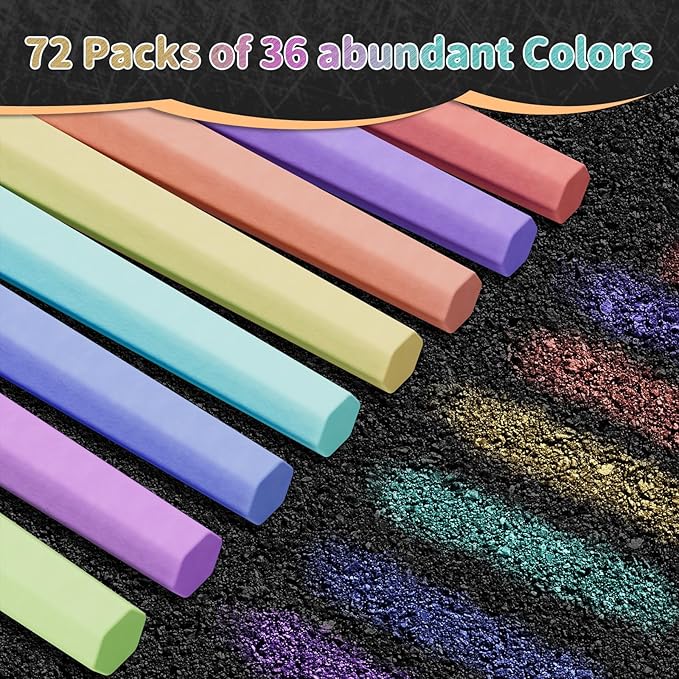 72PCS Washable Sidewalk Chalks Set, 36 Colors Non-Toxic Chalk Paint Bulk for Kids, Oversized Colored Chalk for Painting on Chalkboard, Chalk Pavement and Outdoor Art Play