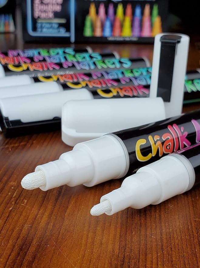 8 White Chalk Markers - Double Pack of Both Fine and Reversible Medium Tip Liquid Chalk Pens Wet Erasable for Menu Boards, Windows, White Boards, Classrooms, Mirrors, Non-Porous Chalkboards, Metal