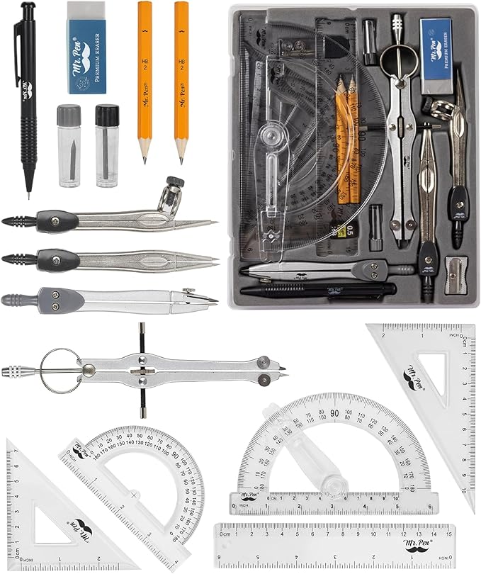 Mr. Pen Geometry Set with 6 Inch Swing Arm Protractor, Divider, Set Squares, Ruler, Compasses and Protractor, 15 Piece Set, Back to School Supplies
