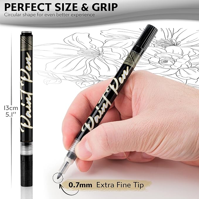 Stylo 8 Count Acrylic Metallic Pens - Black Paint Pens - Fine Tip Permanent Acrylic Metallic Paint Markers for Rock Painting, Glass, Wood, Ideal for Arts and Crafts (Pack of 8, Black)
